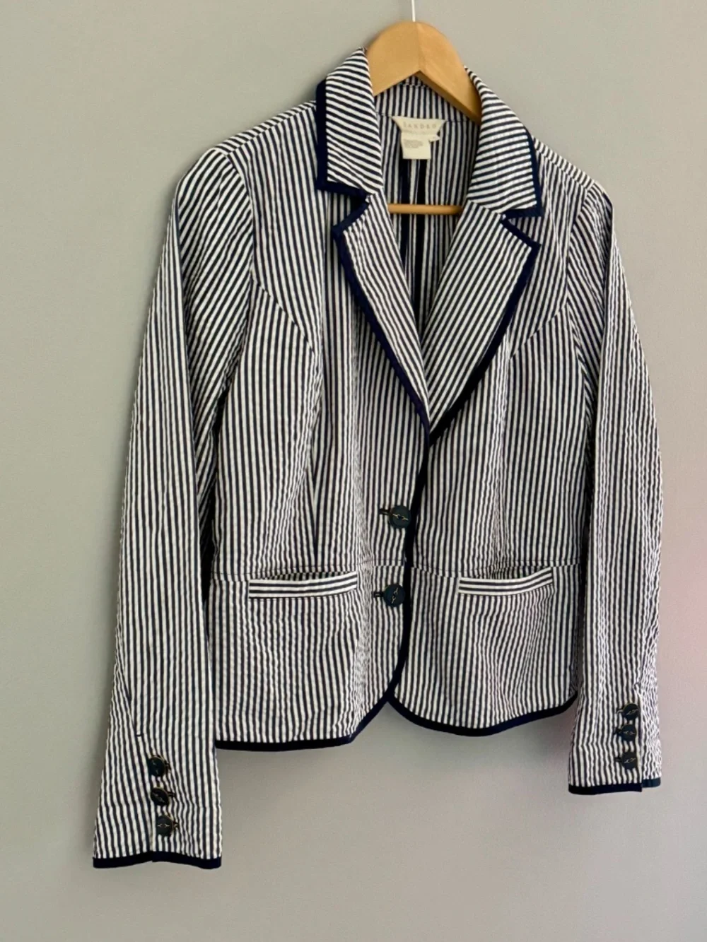 Sandro Cotton Blazer Blue White Stripe Nautical Styling Seersucker Jacket Large